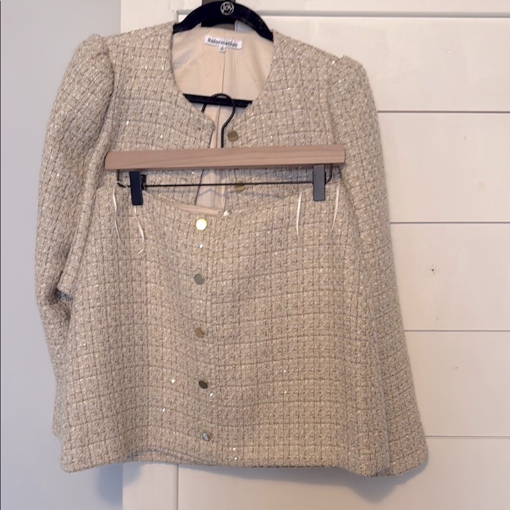 Reformation Cream Gold Tweed Skirt